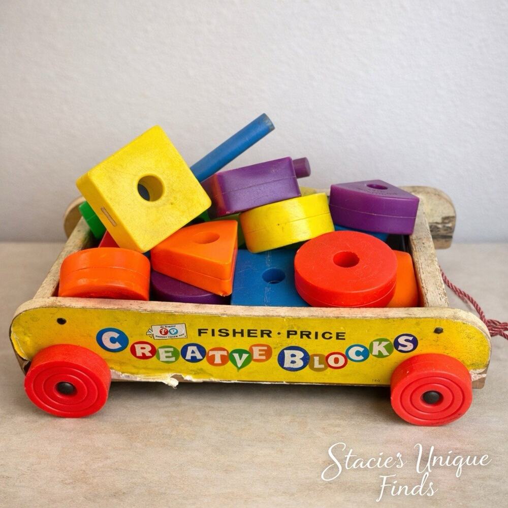 Vintage Fisher Price Creative Blocks Wagon Wooden Toy Pull Cart 1960s